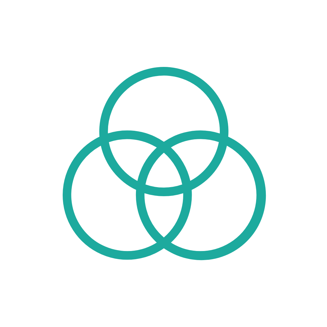 Five overlapping teal circles on a black background, forming a Venn diagram.