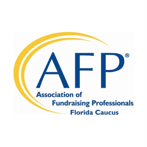 Logo of the Association of Fundraising Professionals Florida Caucus with initials AFP and a yellow curved design.