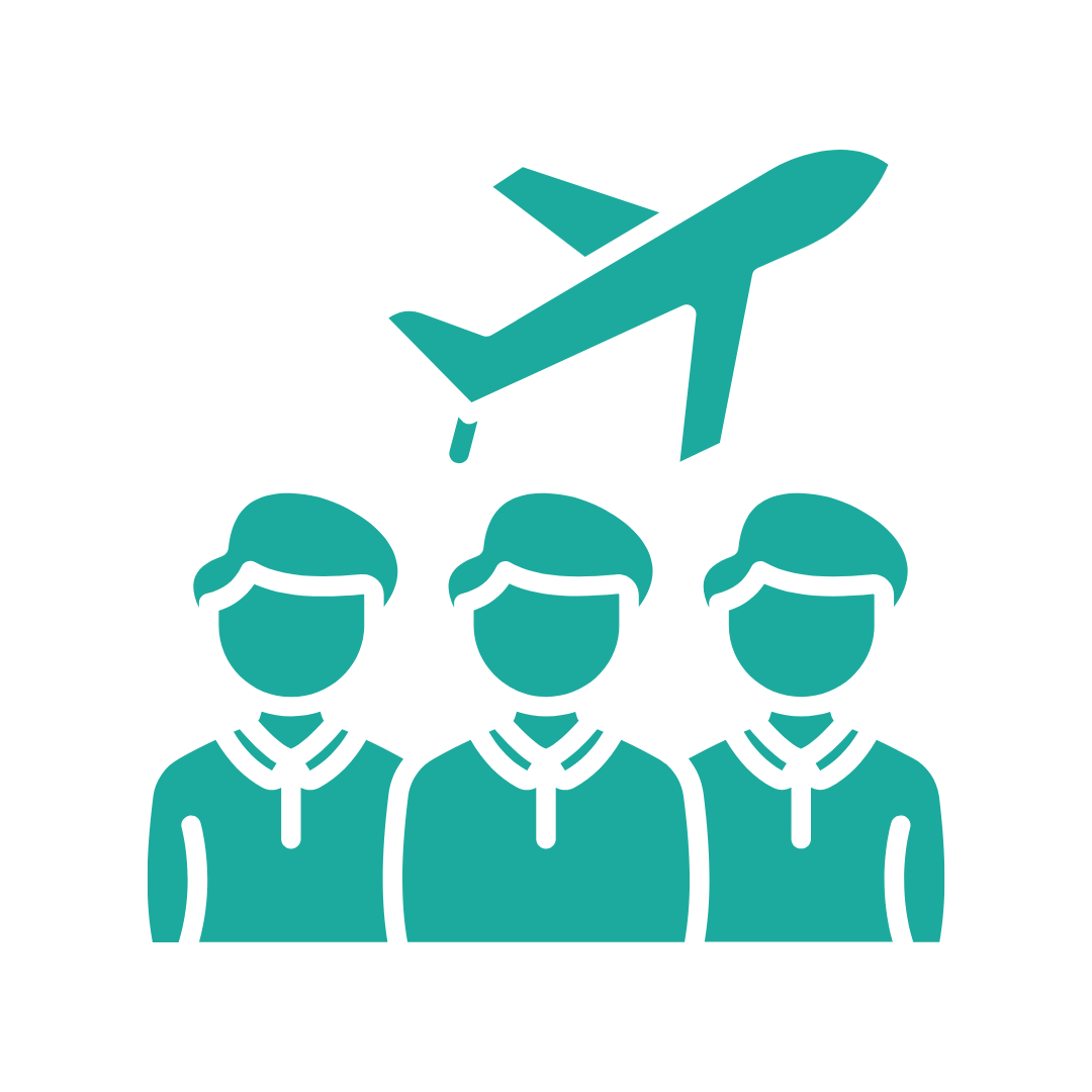 Icon of three people with an airplane above them, representing group travel or tour group.