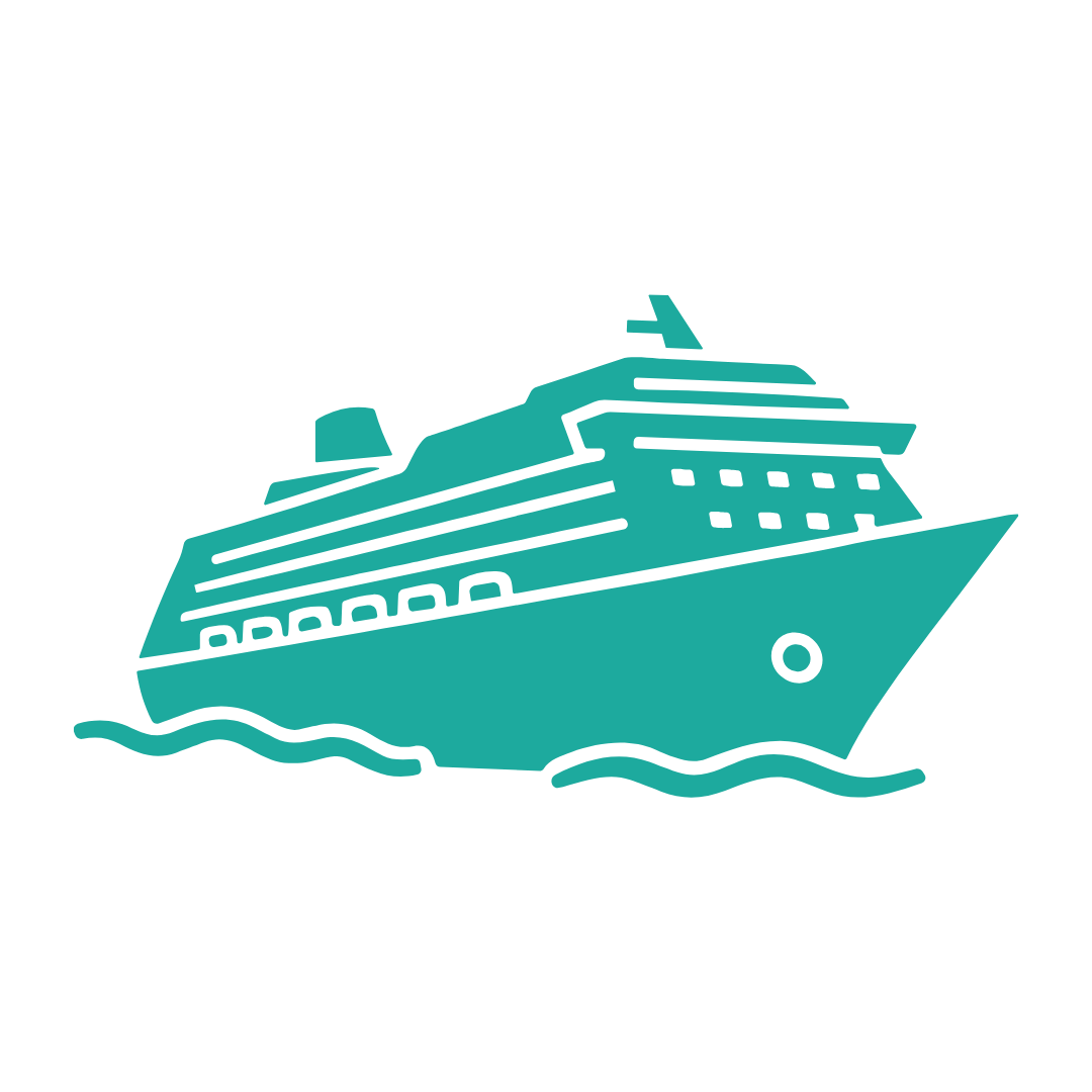 Line drawing of a cruise ship on water, facing right