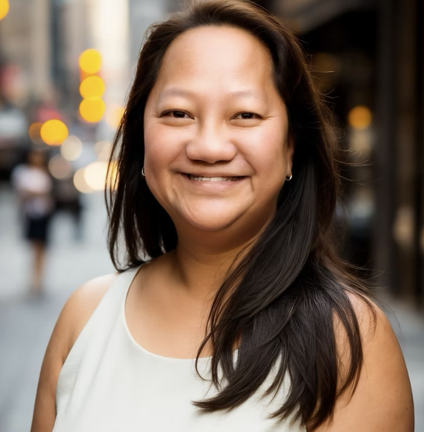Portrait of a smiling woman with long dark hair, wearing a sleeveless white top, standing outdoors in an urban setting with blurred city lights in the background.