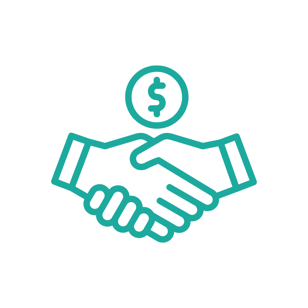 Line drawing of a handshake with a dollar sign above, symbolizing financial agreement or transaction.