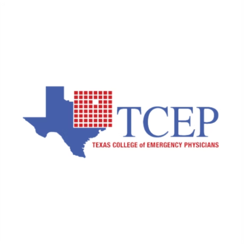 Logo of the Texas College of Emergency Physicians (TCEP) featuring a blue Texas map with a red grid pattern and the text 'TCEP' with 'Texas College of Emergency Physicians' underneath.