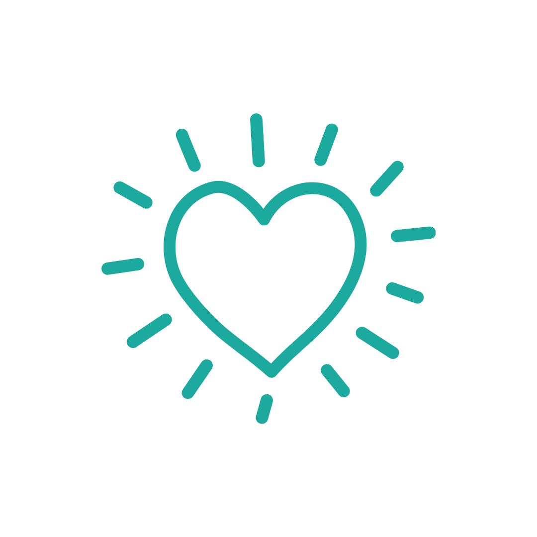 Outline of a heart with radiating lines around it on a black background.