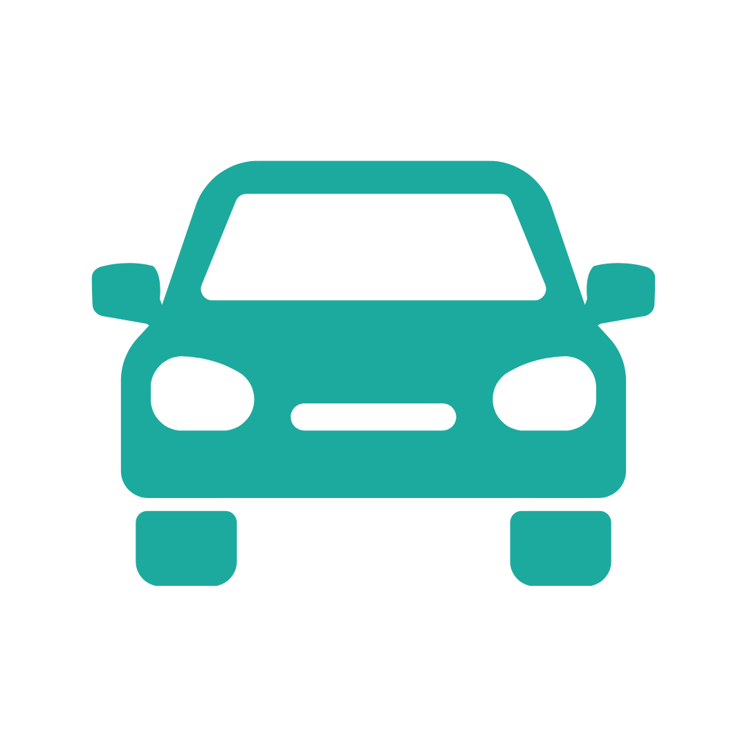 Icon of a teal front view of a car with rounded headlights and side mirrors, on a black background.