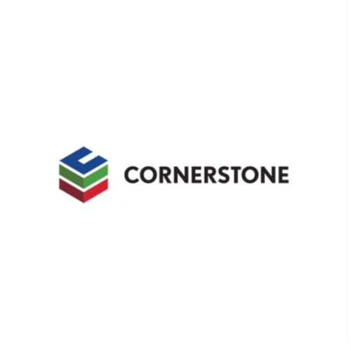 Logo of Cornerstone featuring a stylized geometric icon with blue, green, and red segments, followed by the text 'CORNERSTONE'.