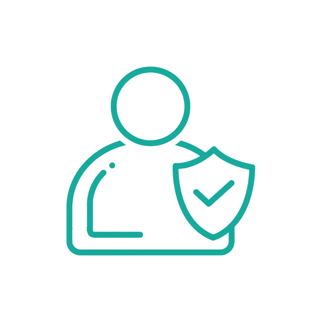 Icon of a person with a shield featuring a checkmark, symbolizing security or protection.