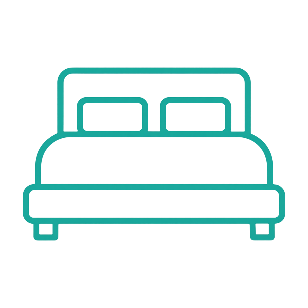 Neon outline of a bed with a headboard, mattress, and two pillows, glowing in blue and green colors.