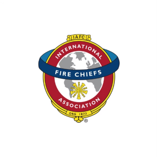 Logo of the International Fire Chiefs Association with a globe, a fire axe, and a banner.
