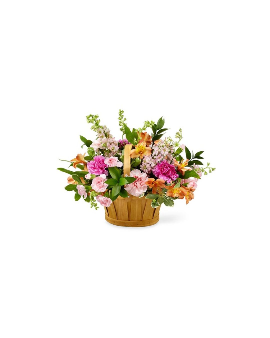 A basket filled with colorful pink, orange, and white flowers including carnations, lilies, and other blooms.