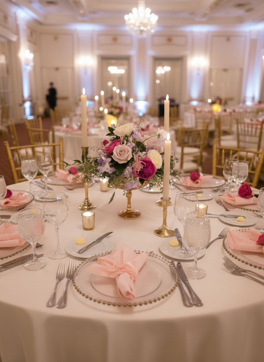 Elegant round banquet table set for a wedding reception with a floral centerpiece, pink napkins, candles, and gold Chiavari chairs under chandelier lighting.