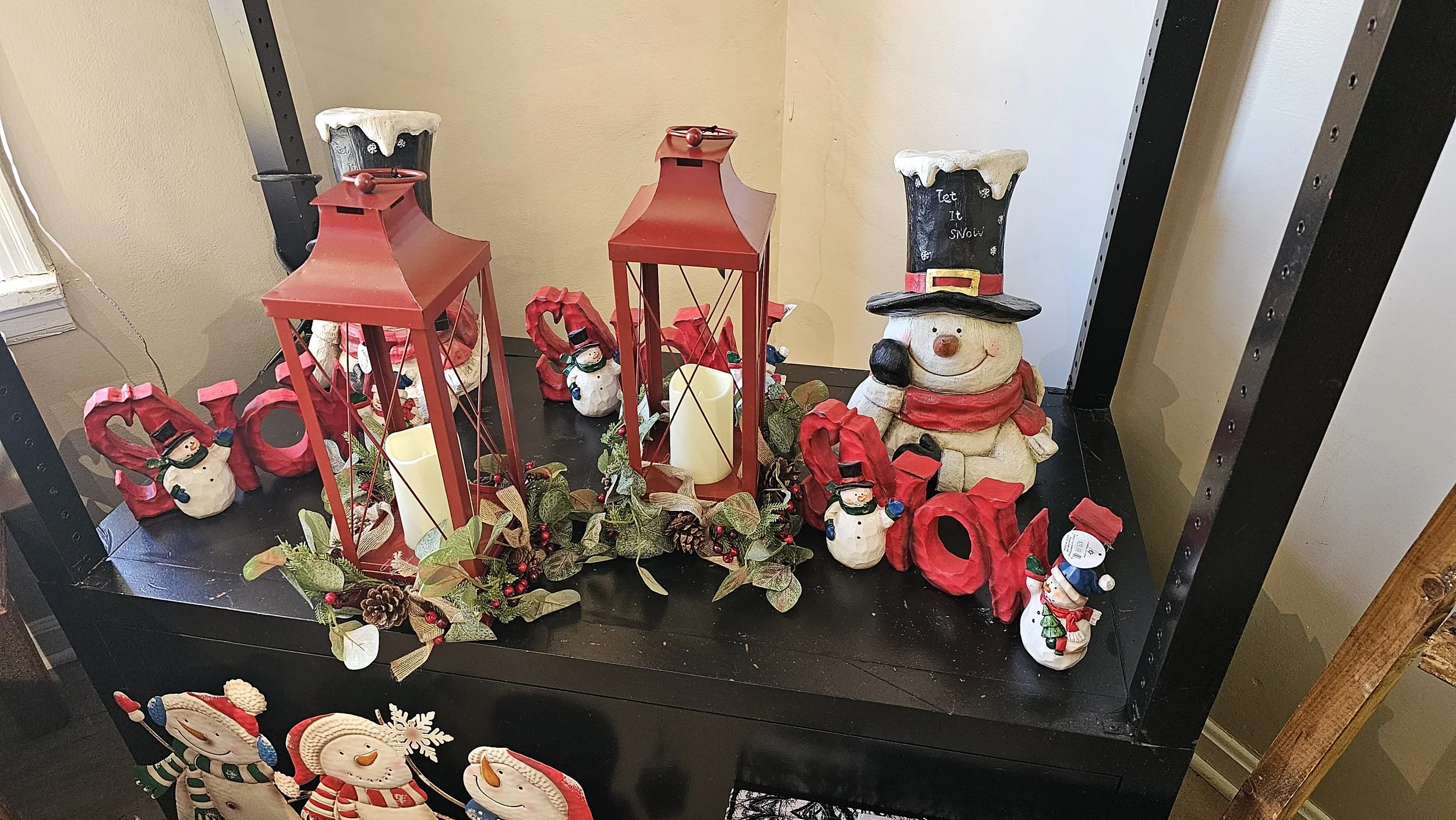 Decorative Christmas display with red lanterns, snowman figurines, and