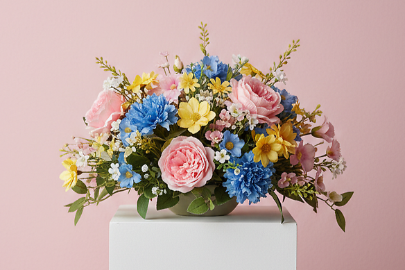 Colorful flower arrangement with pink roses, blue and yellow flowers, and green leaves on a white pedestal against a pink background.