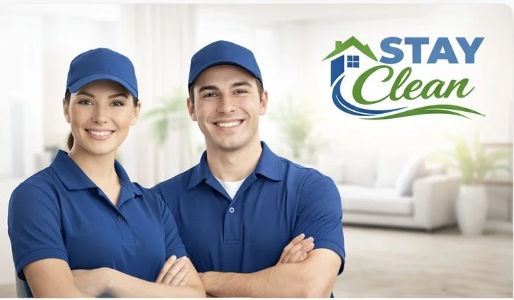 Two smiling house cleaning workers in blue uniforms and caps standing with arms crossed in a bright modern living room with a logo that reads "Stay Clean" in the top right corner.