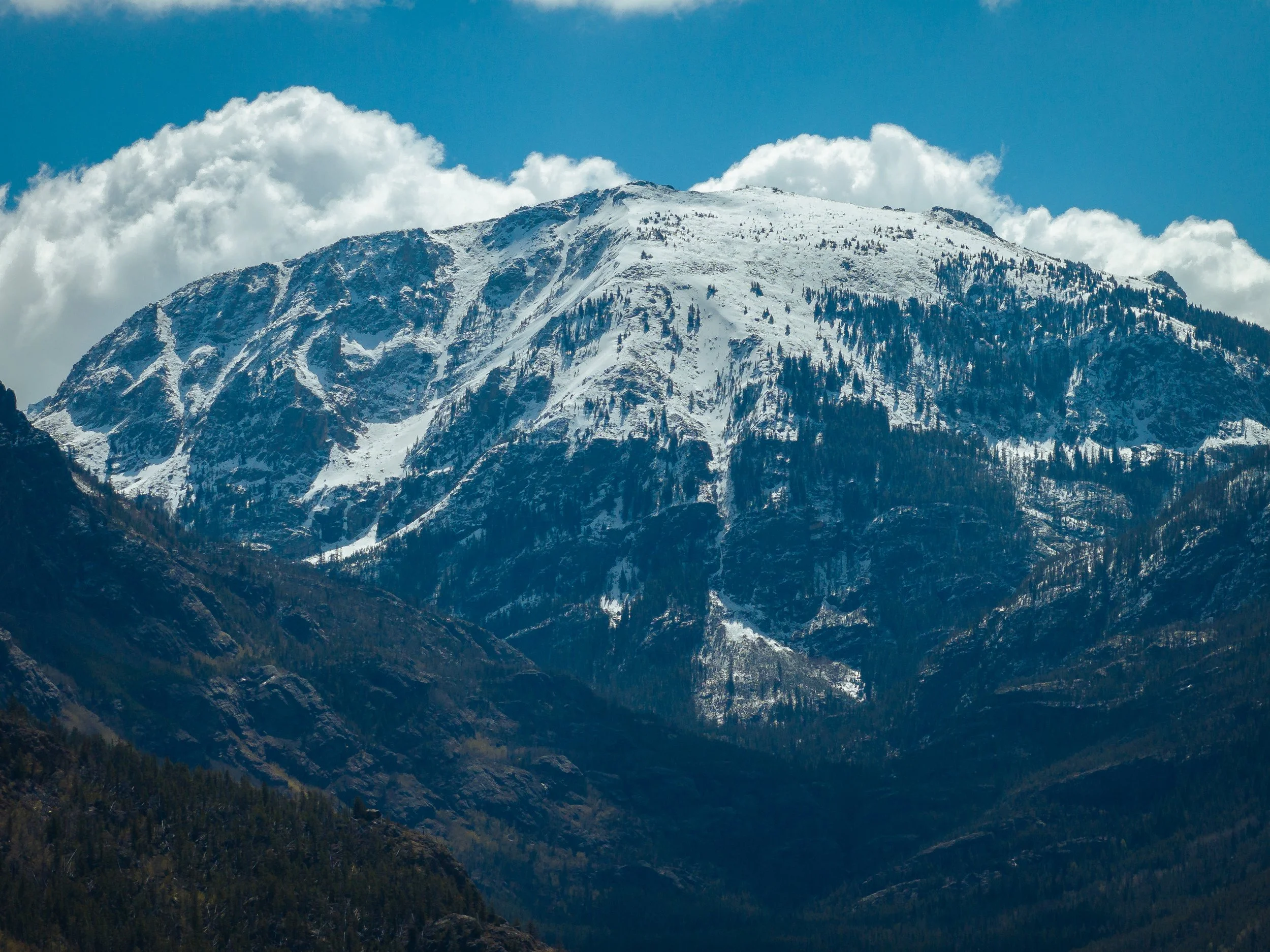 Snow-capped mountain peak under a partly cloudy sky with evergreen trees in the foreground.