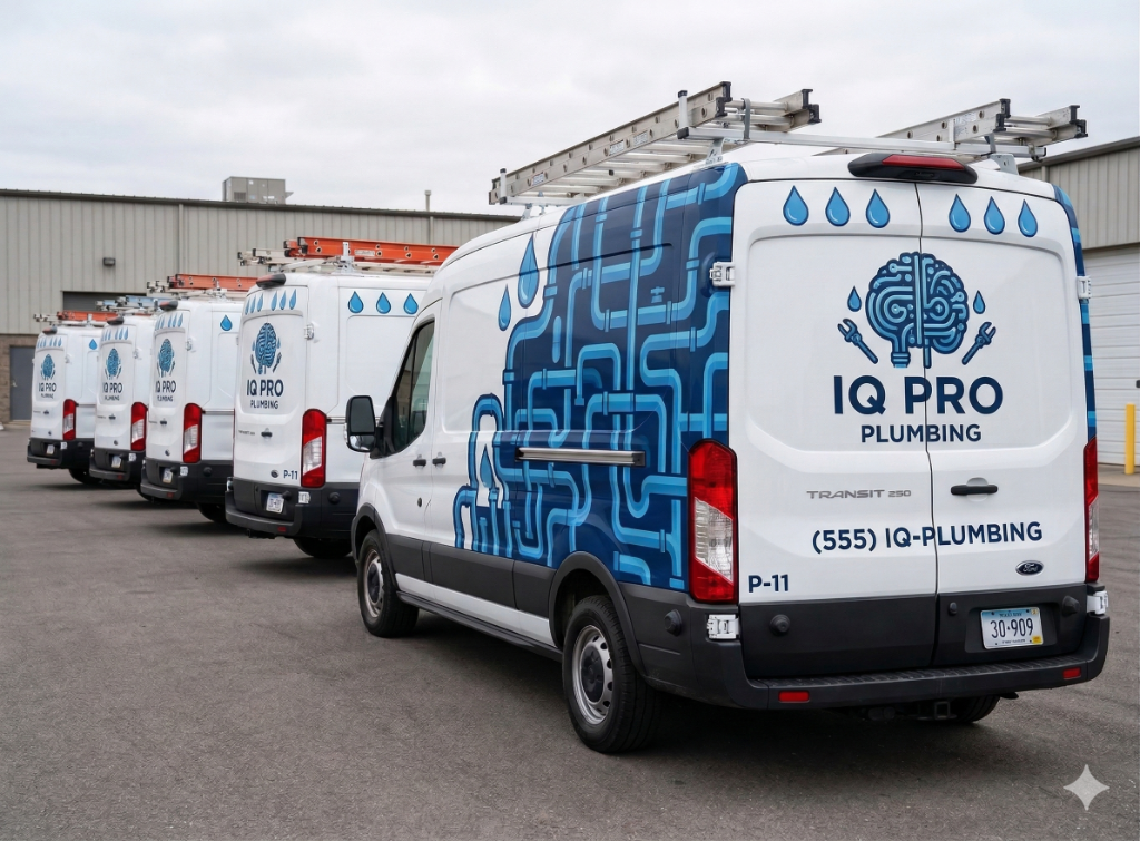 Five plumbing service vans parked in a row outside a warehouse, each displaying the IQ PRO Plumbing logo with a brain and water droplets on the side.