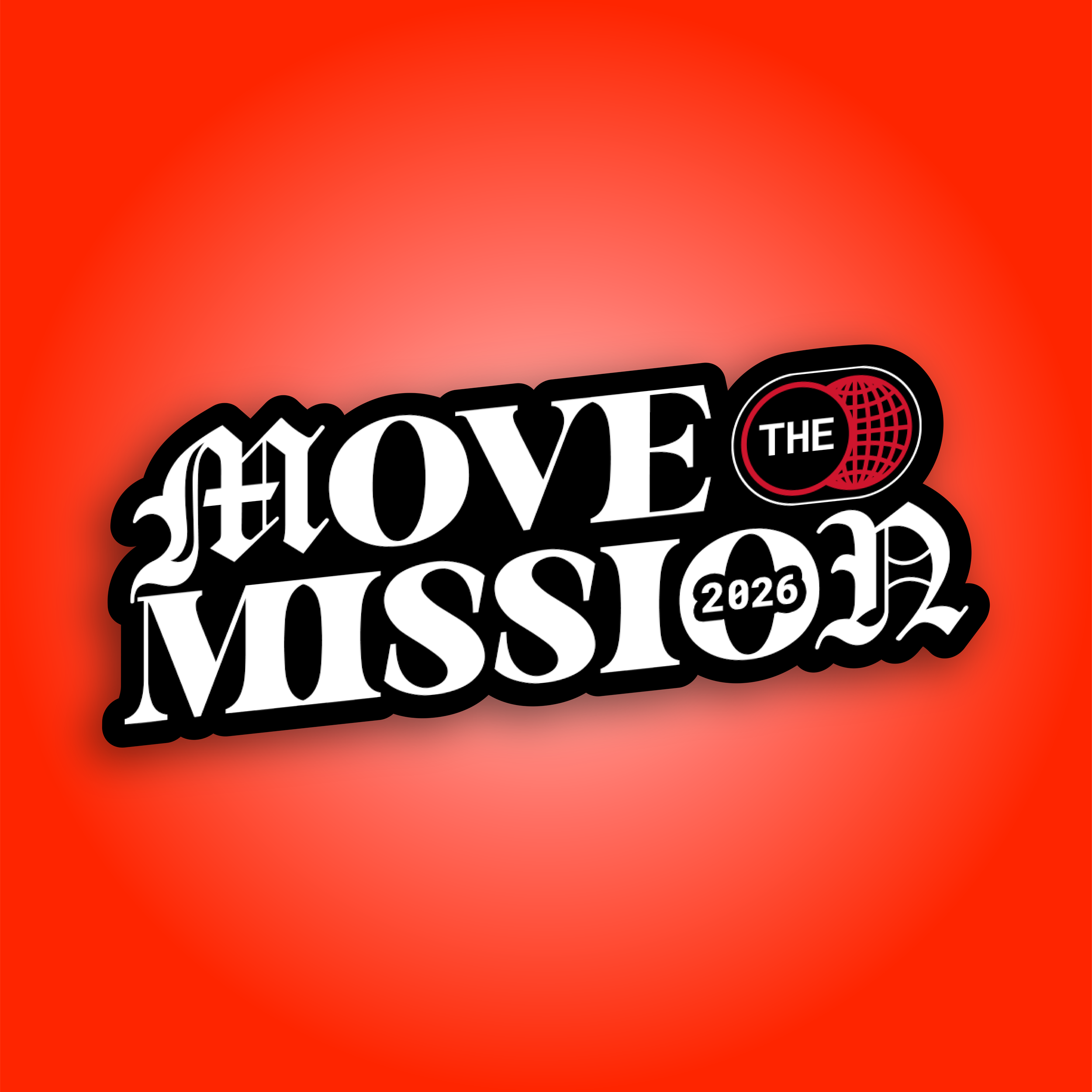 Stylized black and white text reading 'LOVE THE MESS' with a small globe and musical notes, set against a red gradient background.