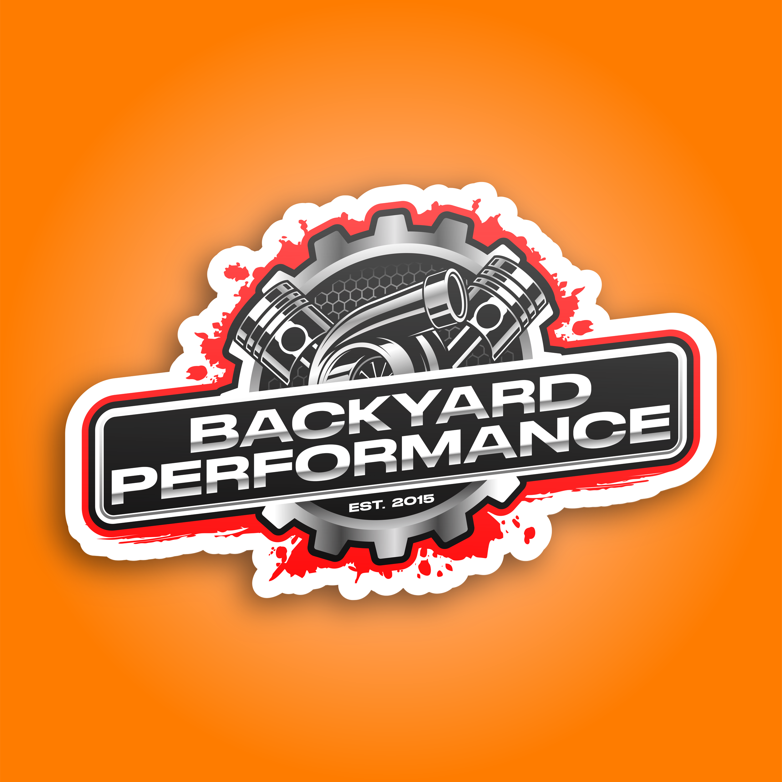 Sticker or logo with gear, piston, and engine parts, featuring text 'Backyard Performance' and 'Est. 2015' on an orange background.