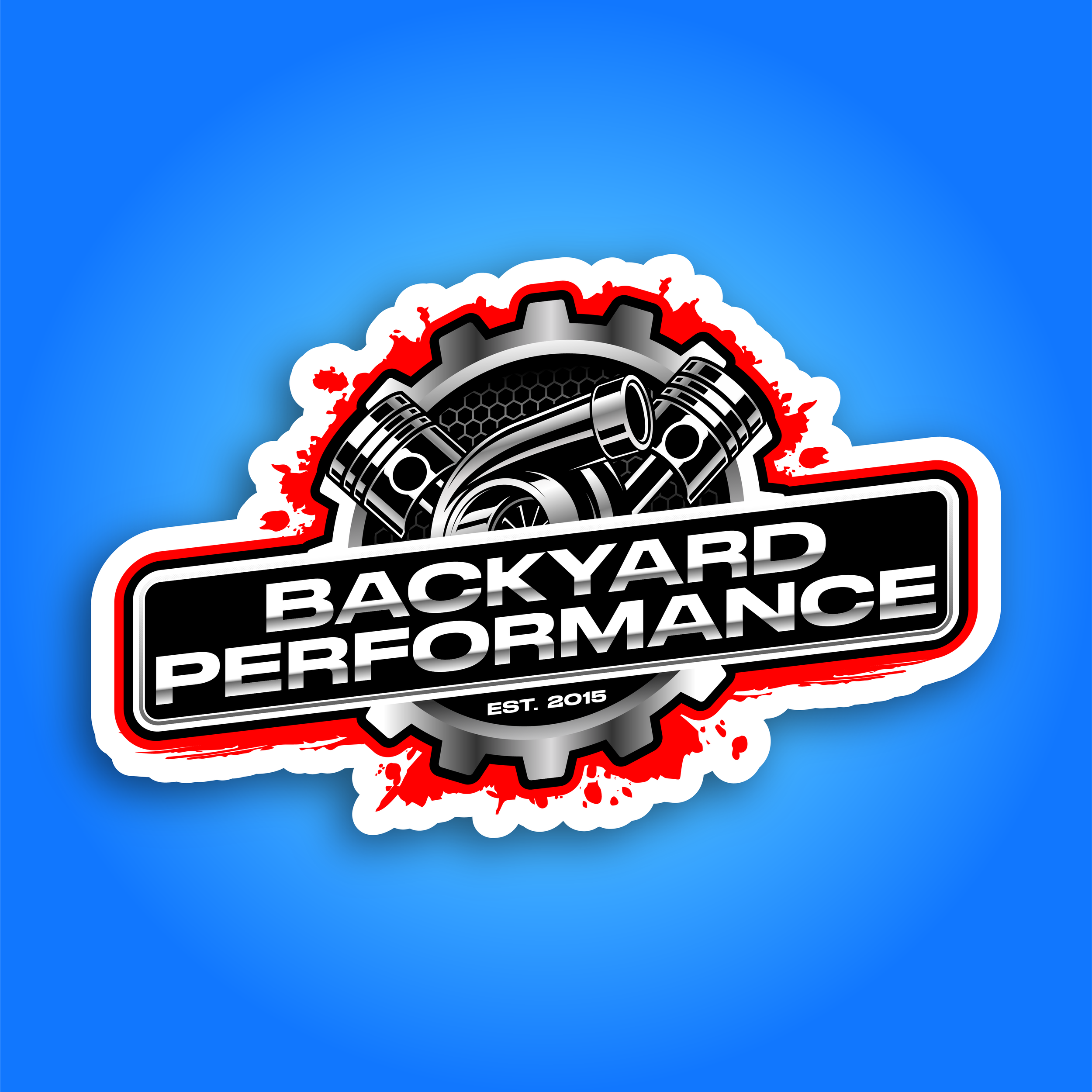 Sticker with a gear, pistons, and checkered flag reading 'Backyard Performance' and 'Est. 2015' on a blue background.