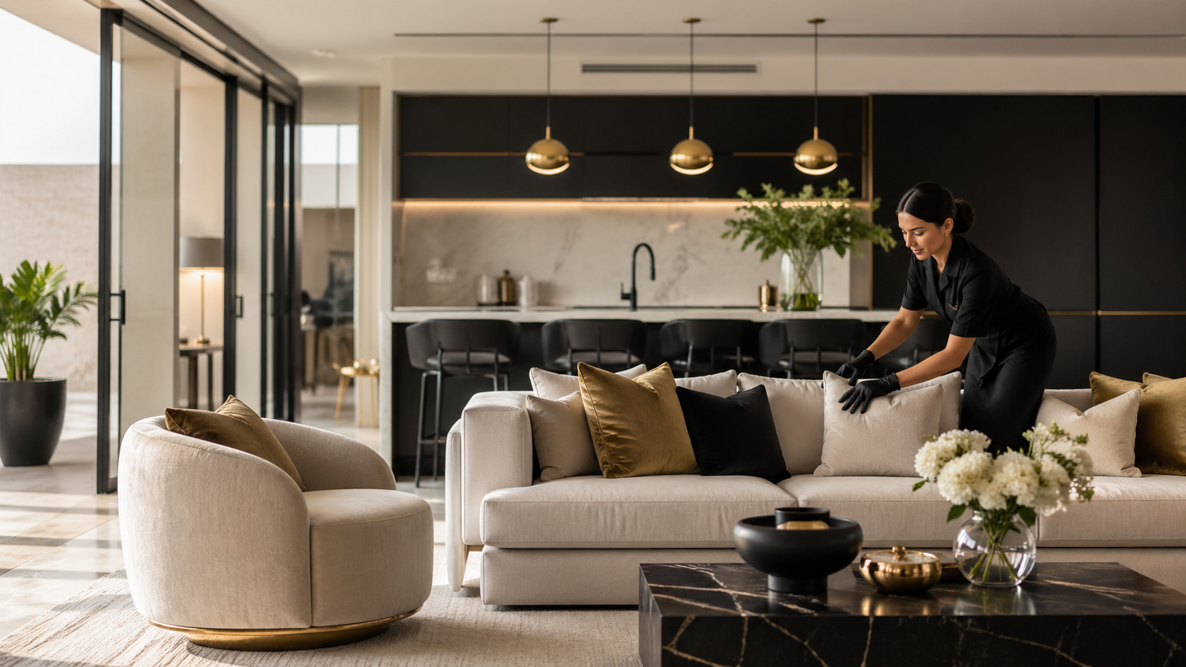 A woman arranging cushions on a white sofa in a modern, stylish living room with a marble coffee table with decorative objects and a large bouquet of white flowers. The background features a black and white kitchen with pendant lights and bar stools.