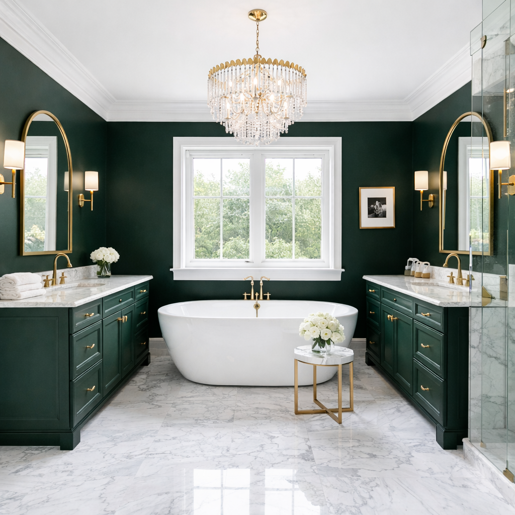 Elegant bathroom with dark green cabinets, white marble countertops, gold fixtures, a freestanding bathtub, a marble-topped side table with flowers, a chandelier, and large windows with greenery outside.