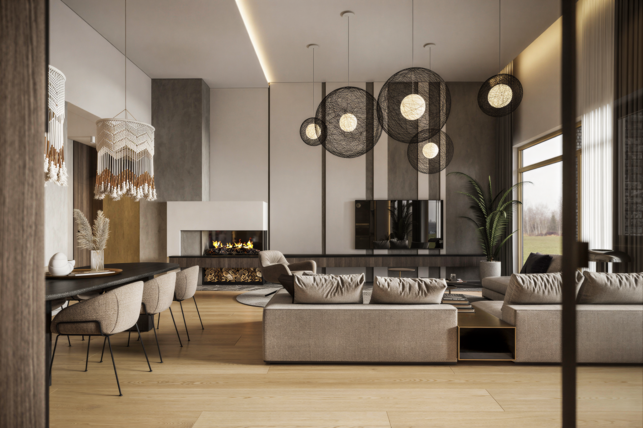 Modern living room with beige sofas, a fireplace, large windows, and contemporary lighting fixtures.