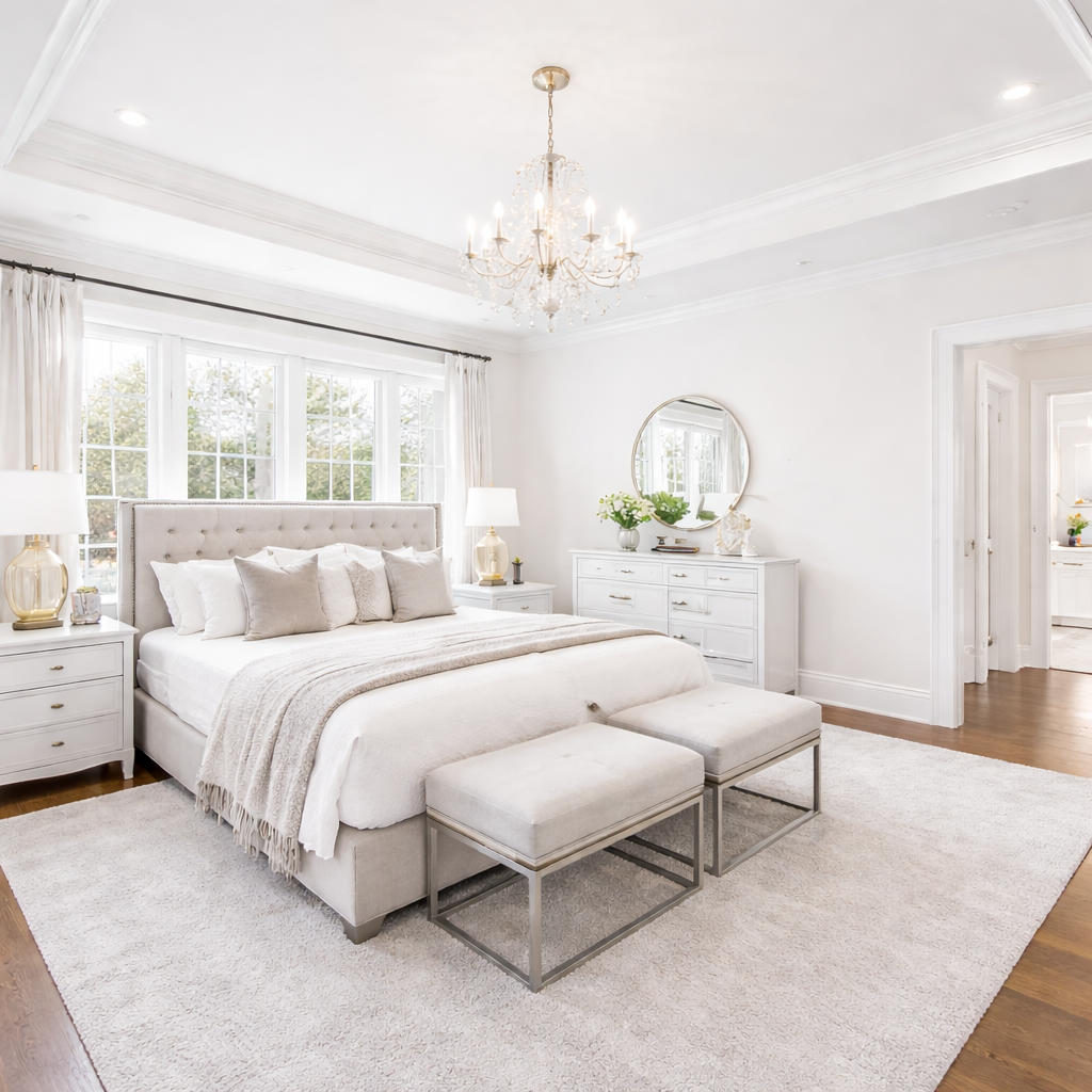 Bright, white bedroom with large bed, multiple pillows, two bedside tables with lamps, white dresser with mirror, flowers, and decorative items, chandelier, large windows with white curtains, wooden floor, and beige rug.