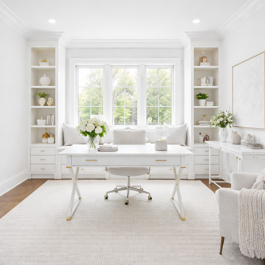 Bright, white home office with large window, white desk, white office chair, built-in shelves with decorative items and books, off-white rug, potted plants, and artwork on the wall.