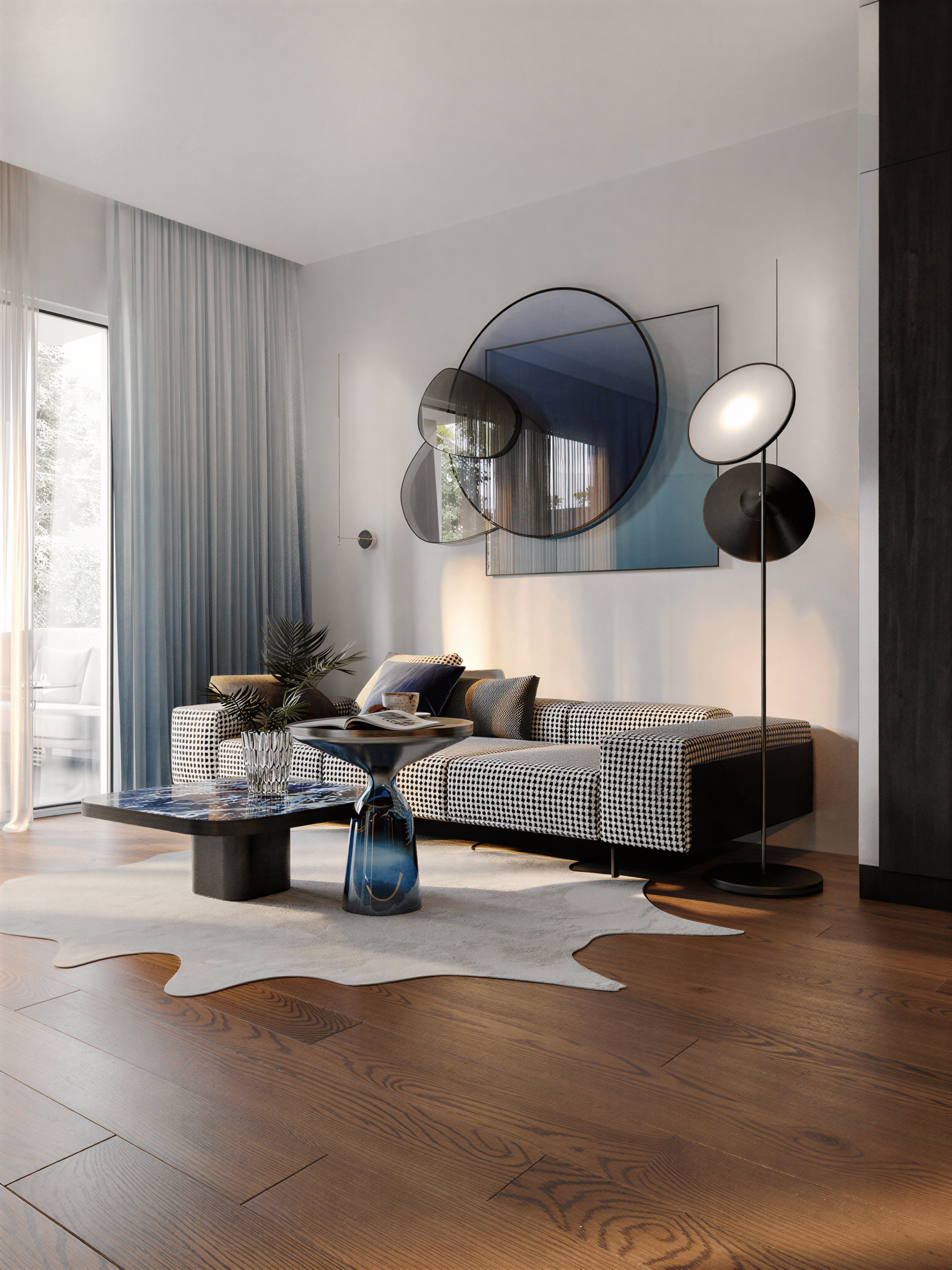Modern living room with a black and white checkered sofa, abstract wall art with circles, floor lamp, glass coffee tables, and a large window with blue curtains.