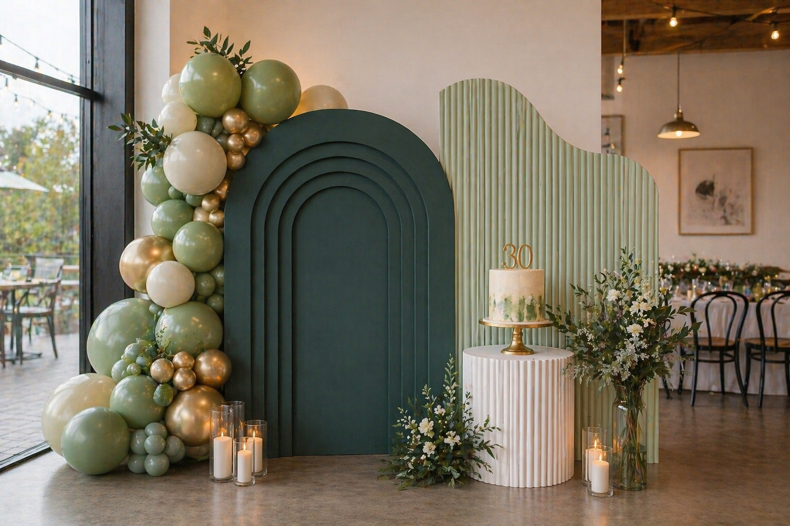 Decorative celebration display with balloons, a cake marked 30, floral arrangements, and candles in an indoor event space.
