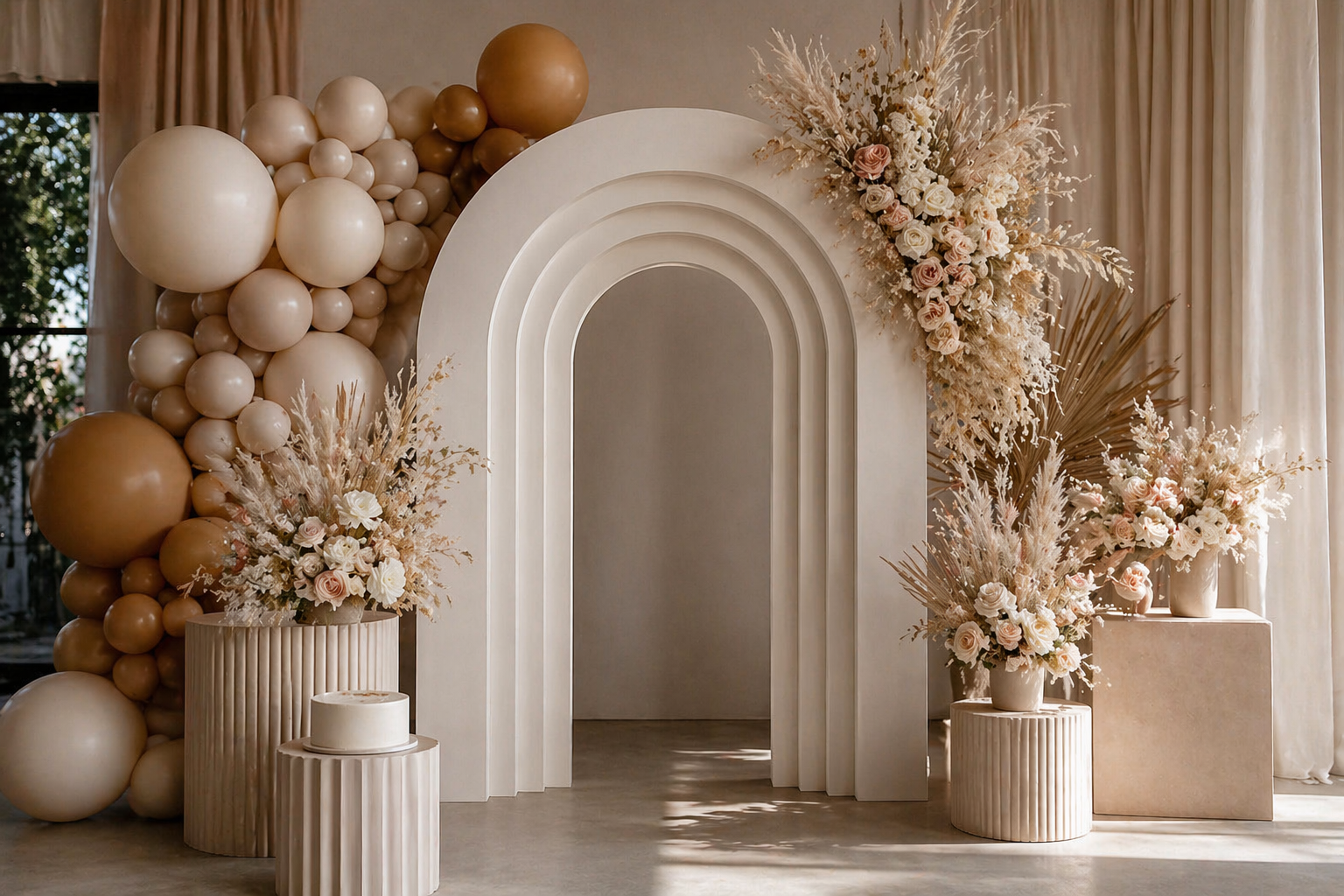 Elegant event backdrop with beige and blush floral arrangements, balloon clusters, a white arch, and neutral-colored pillars.