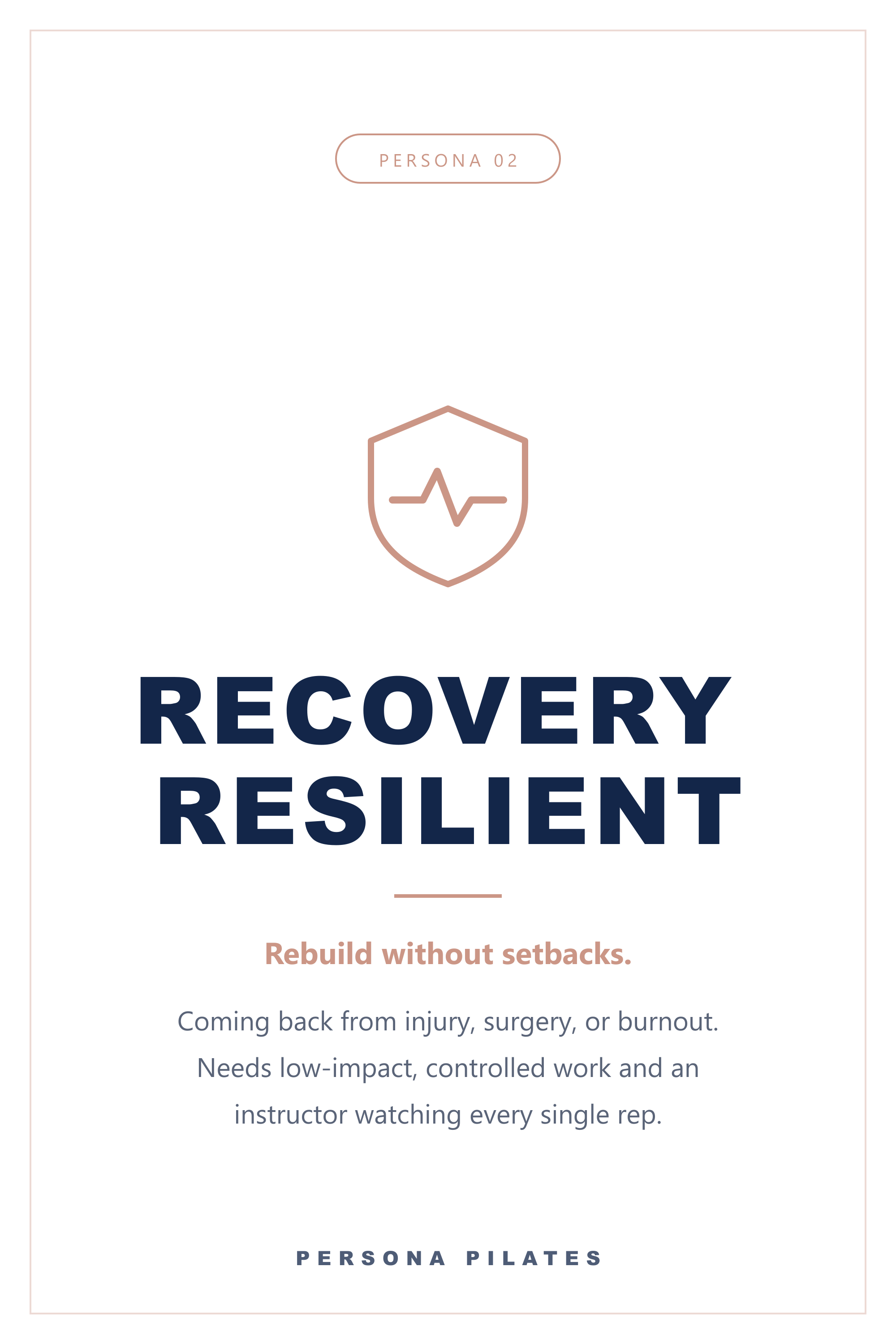 A webpage with a health and recovery theme featuring a shield icon with a heartbeat line. Text emphasizes building resilience without setbacks, rebuilding after injury, surgery, or burnout, and the importance of low-impact, controlled work with an instructor.