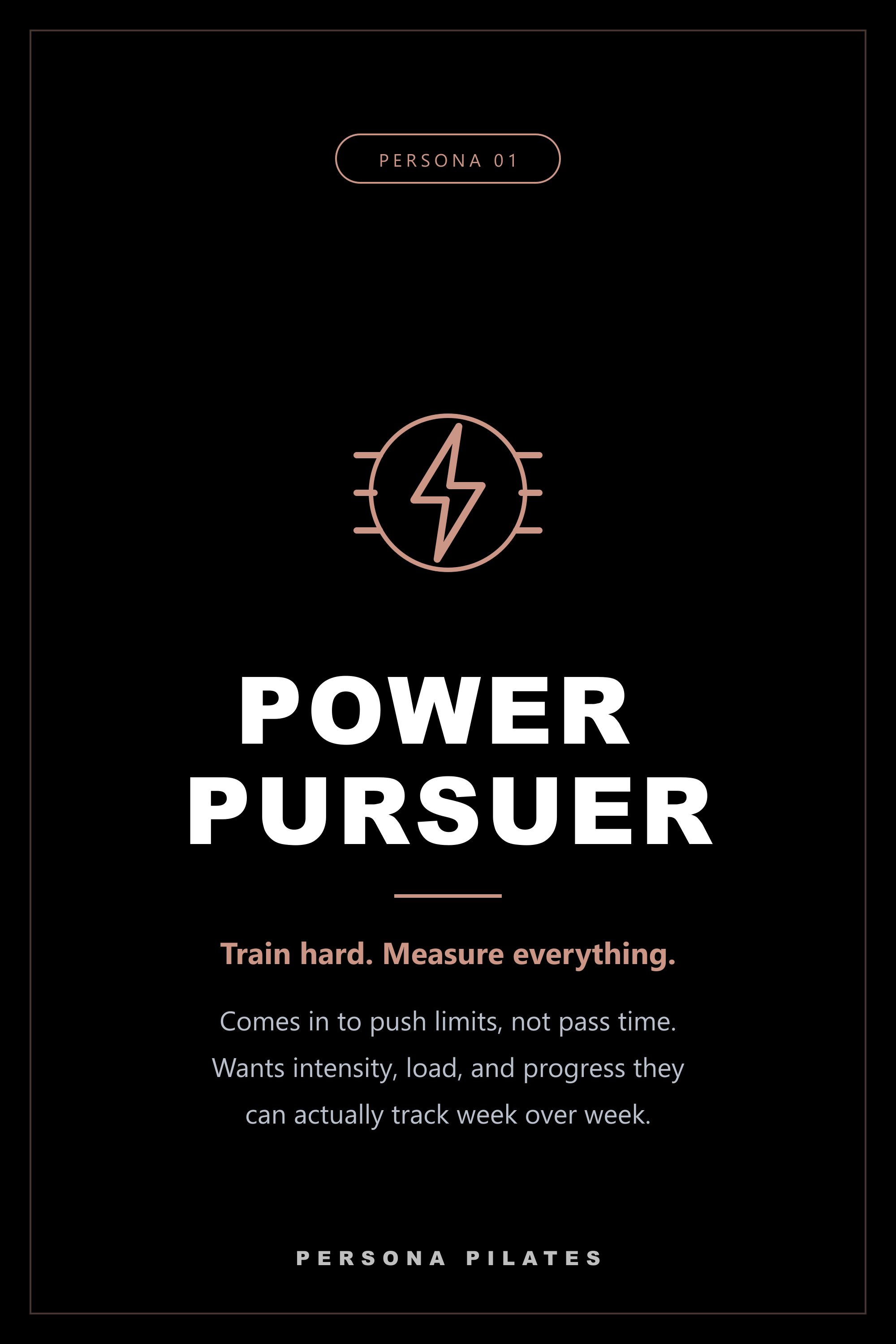 Black and pink fitness poster with a lightning bolt symbol, titled 'Power Pusher,' promoting intense workouts with themes of measuring progress and pushing limits, and mentioning 'PERSONA PILATES.'