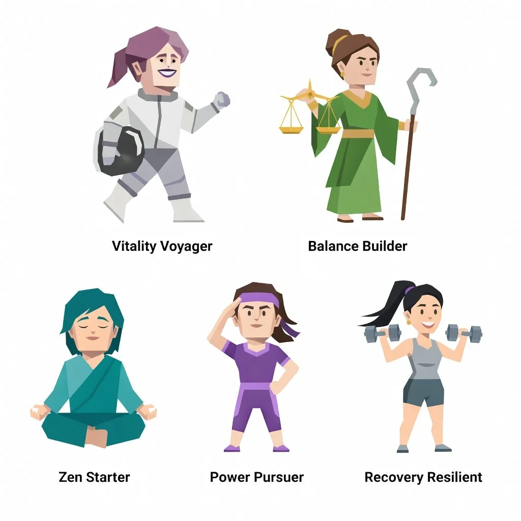 Illustration of five women representing different qualities: a woman in a space suit labeled 'Vitality Voyager', a woman dressed as a goddess with scales and staff labeled 'Balance Builder', a woman meditating in a turquoise robe labeled 'Zen Starter', a woman in athletic wear with a headband saluting labeled 'Power Pursuer', and a woman lifting dumbbells in workout attire labeled 'Recovery Resilient'.