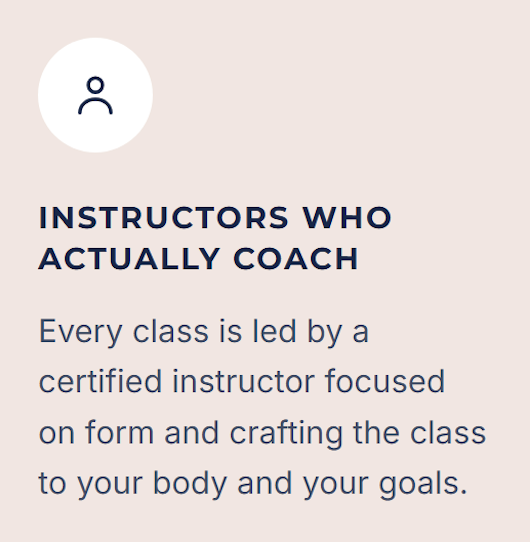 Text promoting instructors who coach, emphasizing certified instructors focused on form and goal achievement.