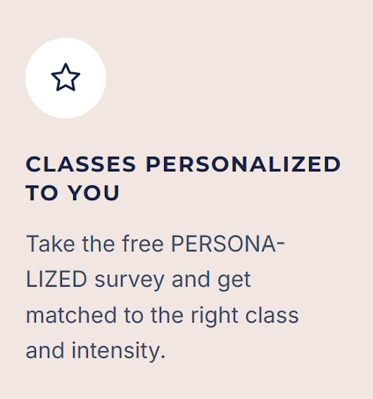 Advertisement for personalized classes, encouraging users to take a free survey to find the right class and intensity.