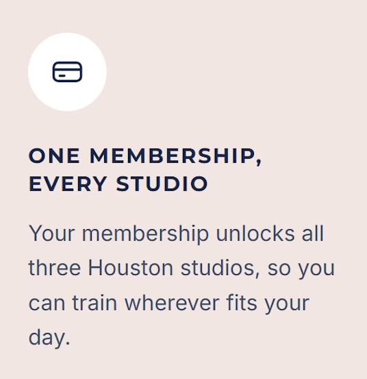 Text promoting a gym membership for all three Houston studios, with a small gym icon at the top.