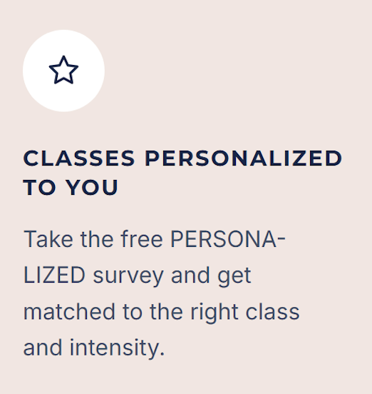 Digital advertisement for personalized classes, featuring a star icon and text about taking a free survey to match with the right class and intensity.