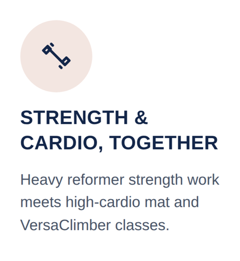 Text advertising strength and cardio workout classes with an icon of a person using a treadmill or elliptical machine