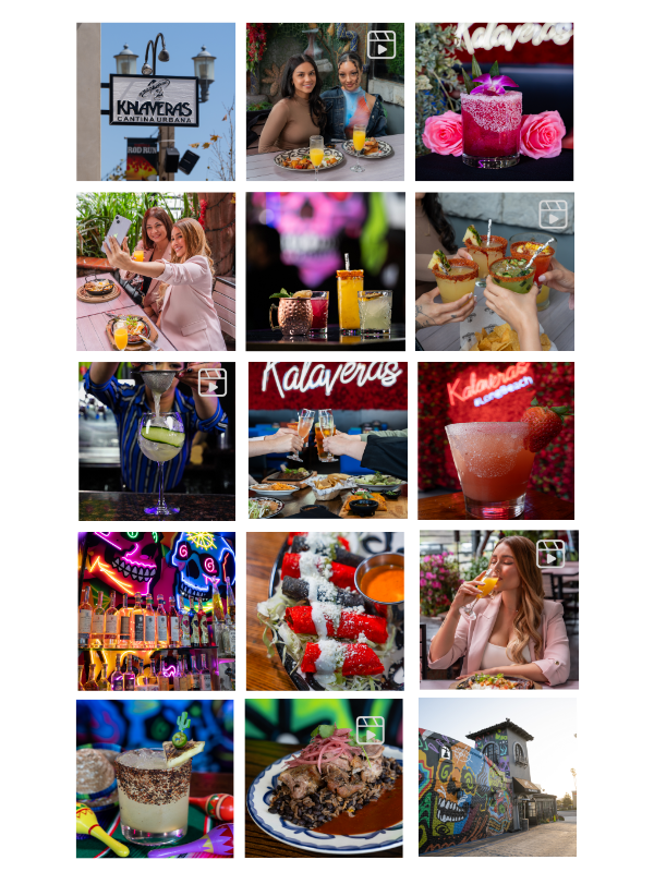 A collage of images showing drinks, food, people enjoying meals and beverages, a neon sign, colorful decorations, and a building with vibrant murals.