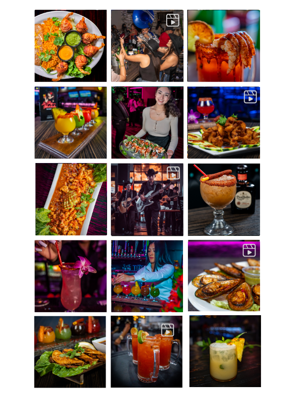 A collage of images including a platter of sushi, a party with people dancing, a cocktail with a cinnamon sugar rim, a yellow cocktail with fruit garnishes, a woman serving sushi, a glass of beer or cider, fried chicken wings with vegetables, spicy f