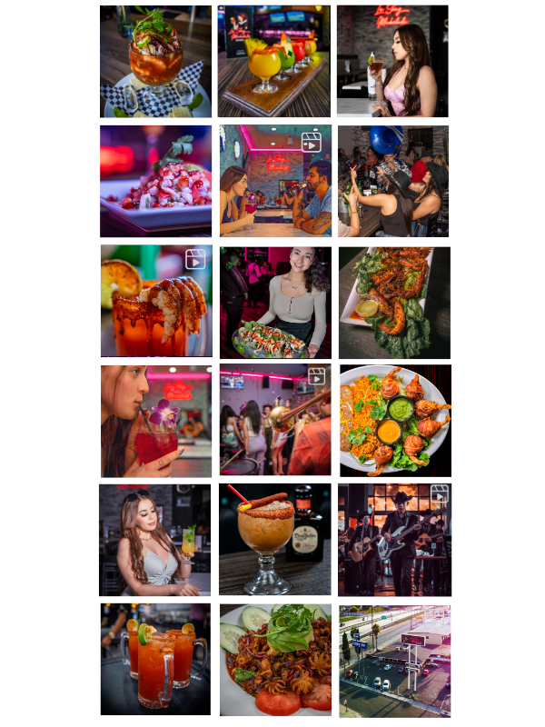 A collage of various scenes from a restaurant or bar, including cocktails, food dishes like grilled meat, sushi, and desserts, people enjoying drinks and socializing, live music performance, and an outdoor view of a parking lot.