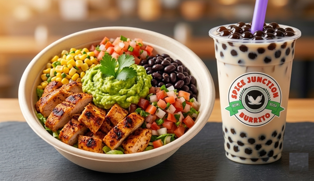 A bowl of salad with grilled chicken, guacamole, corn, diced tomatoes, and chopped green onions next to a cup of bubble tea with tapioca pearls and a purple straw.