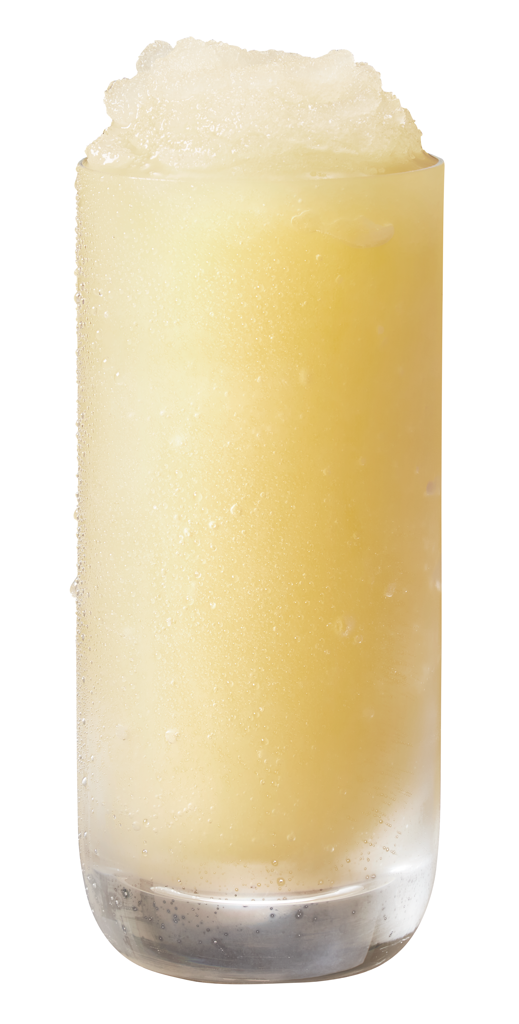 A tall glass of a cold, yellow beverage with foam on top, condensation on the outside, and a clear bottom.