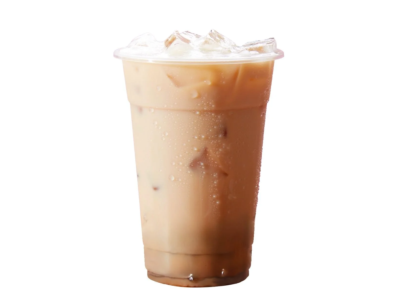 A clear plastic cup filled with iced coffee, showing a separation of cream and coffee layers with ice cubes on top.