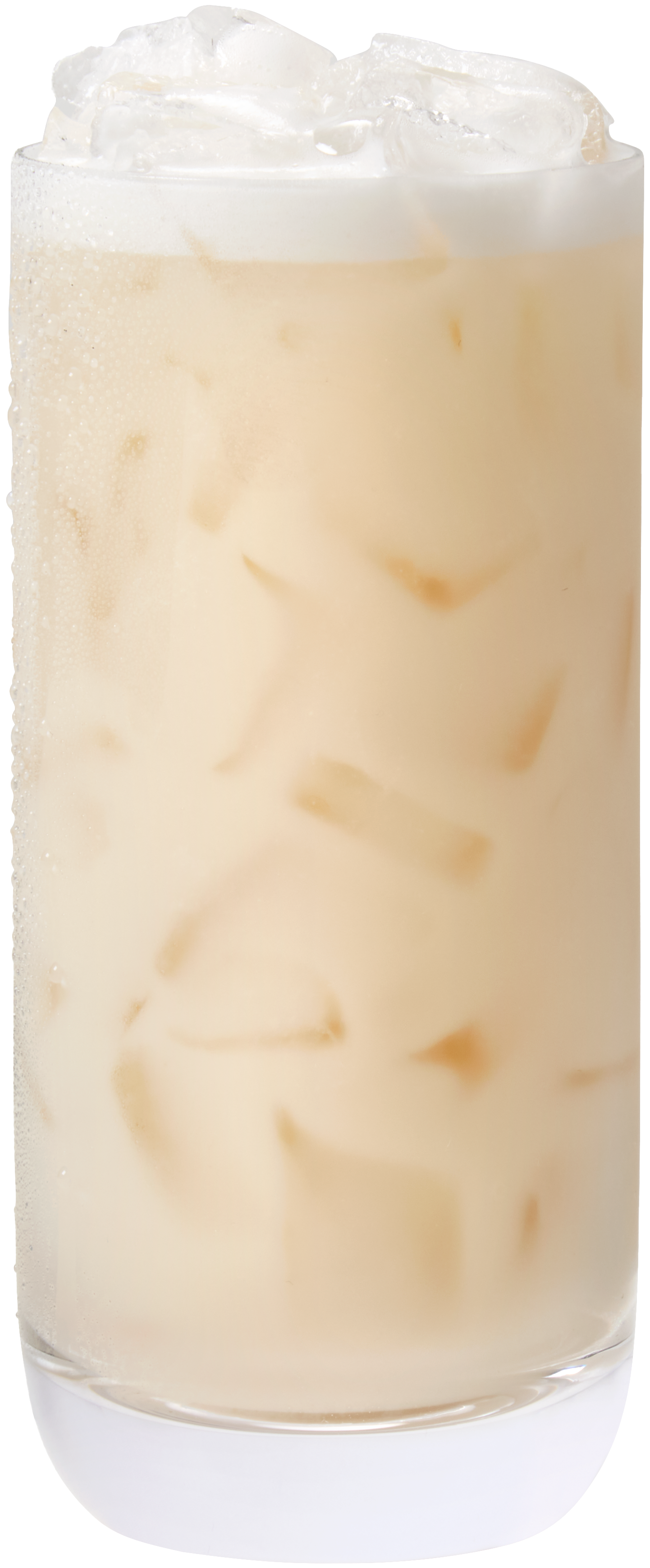 A tall glass filled with iced latte, containing ice cubes and topped with whipped cream.