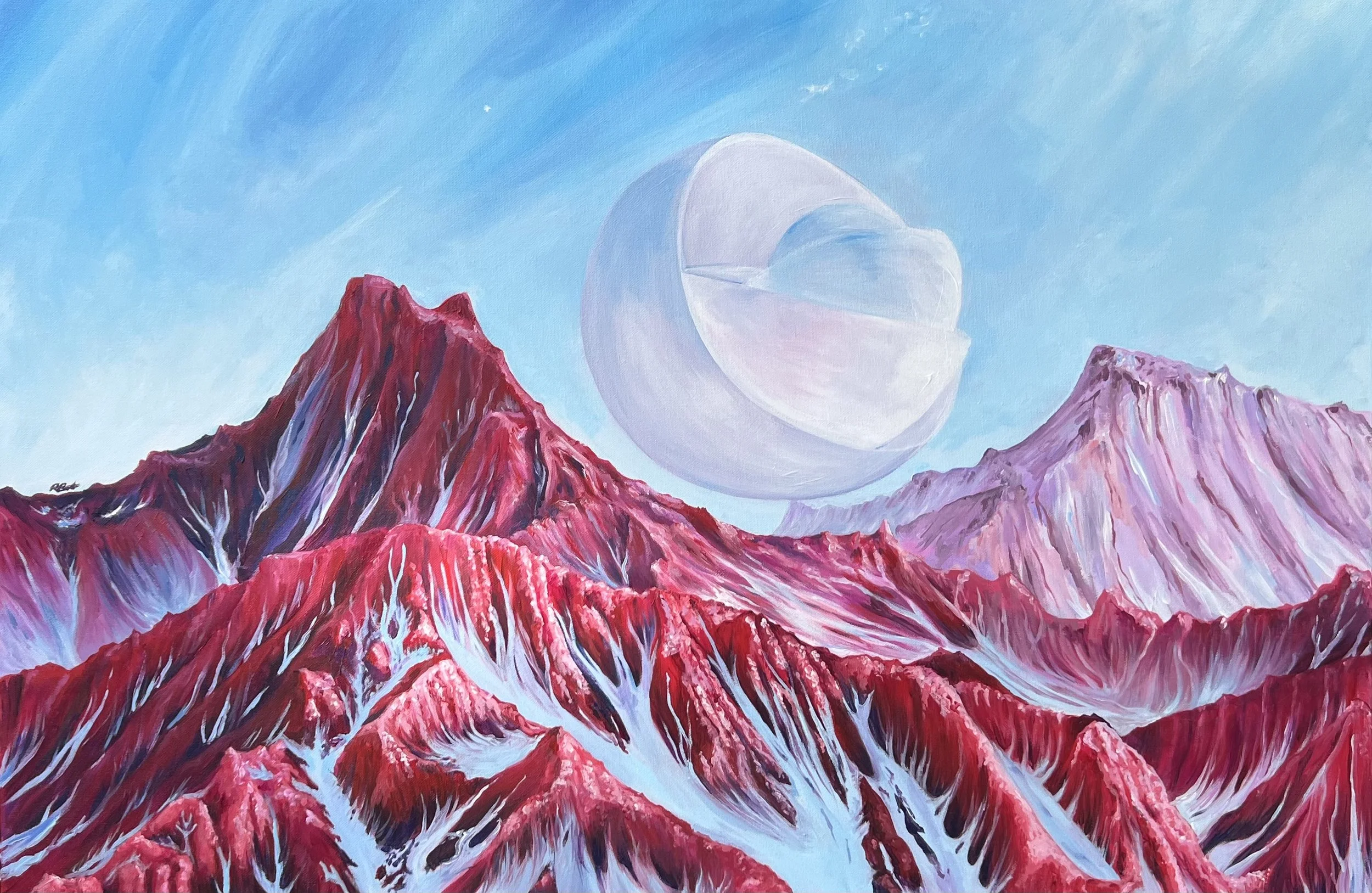 An artistic painting depicting vibrant red and pink mountains with snow patches under a bright blue sky. A large, white, spherical object, resembling a planet or moon, is floating in the sky.