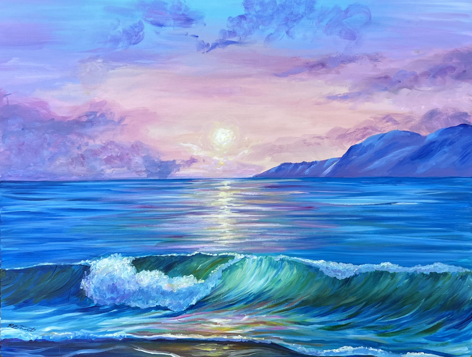 A painting of a seascape at sunset, with purple, pink, and blue sky, calm blue ocean, and distant mountains on the horizon. Waves are gently crashing near the shore.