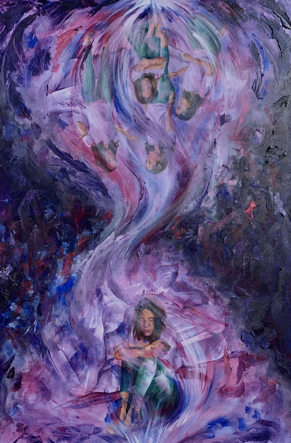 A woman sitting with her knees drawn up, surrounded by swirling purple and pink colors, with floating images of children above her head.