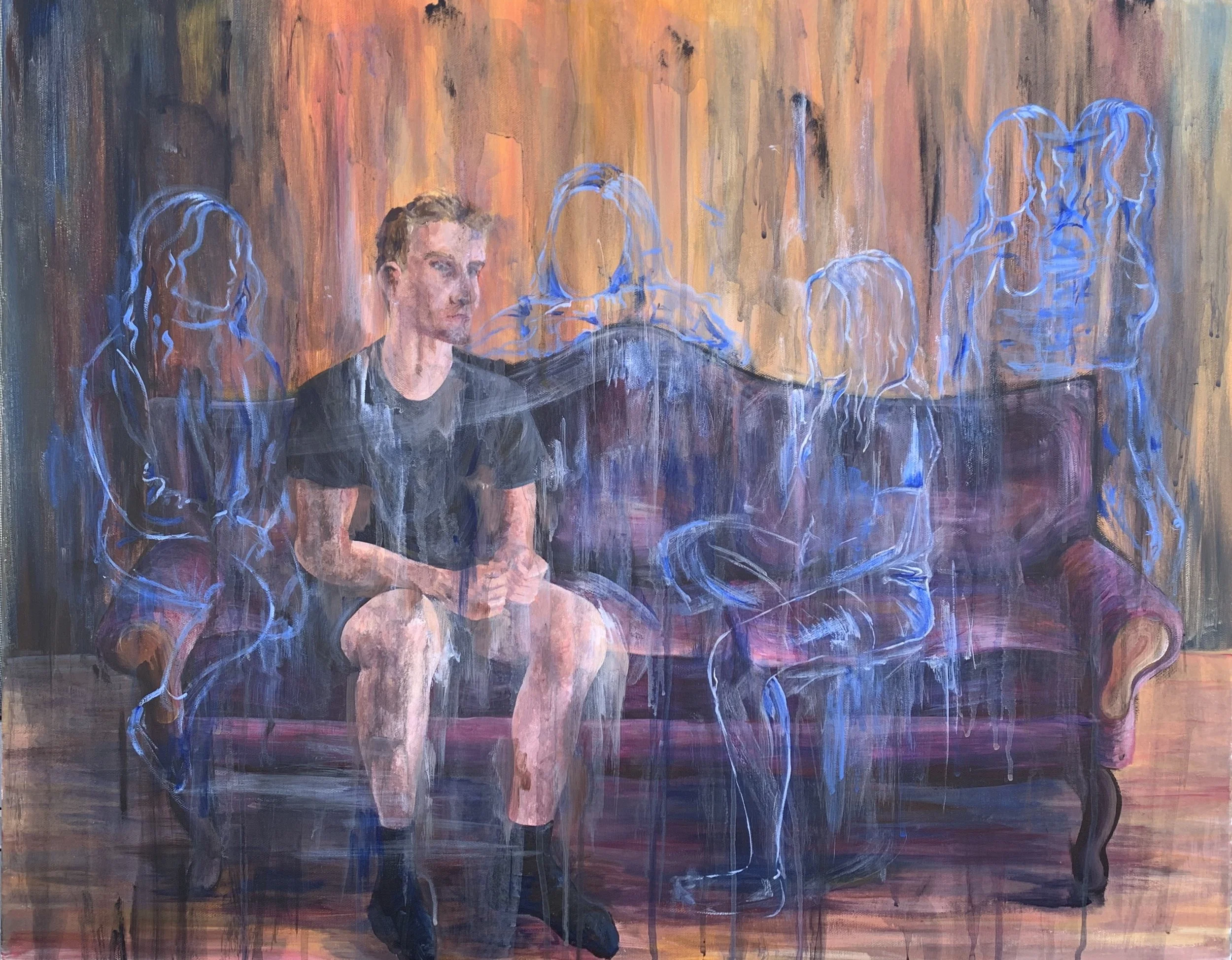A painting of a young man sitting on a vintage-style purple sofa with a wooden wall background. The young man is in full color, while the surrounding figures are outlined in blue and are semi-transparent, giving a ghostly appearance.
